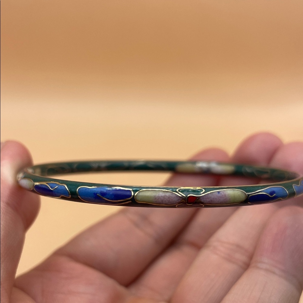 Thin Green Floral Multicolor Cloisonné Bangle Bracelet C1